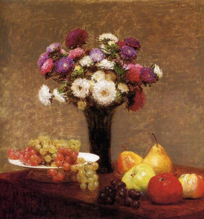 Fantin Latour Henri Asters and Fruit on a Table. -, ---