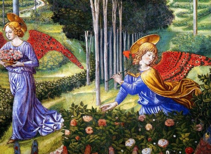 Benozzo Gozzoli - Ange ramassant des fleurs dans un paysage celeste, De. , 