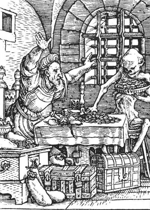 Holbein Death and the Miser, from The Dance of Death, 1523-2.   