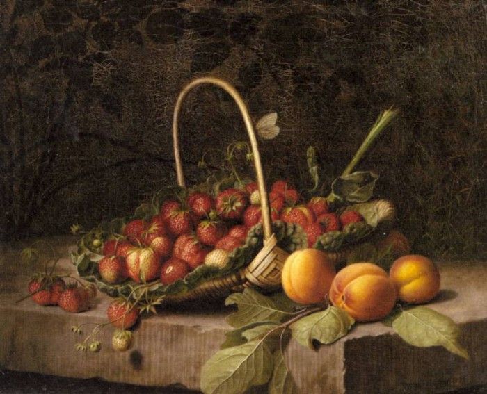 Hammer William A Basket Of Strawberries And Peaches On A Stone Ledge. Hammer, 