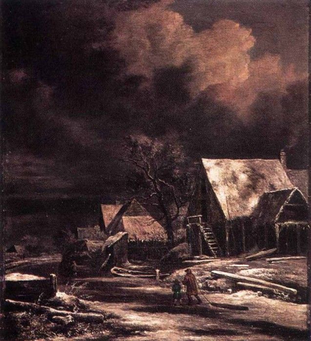 RUISDAEL Jacob Isaackszon van Village At Winter At Moonlight. ,  