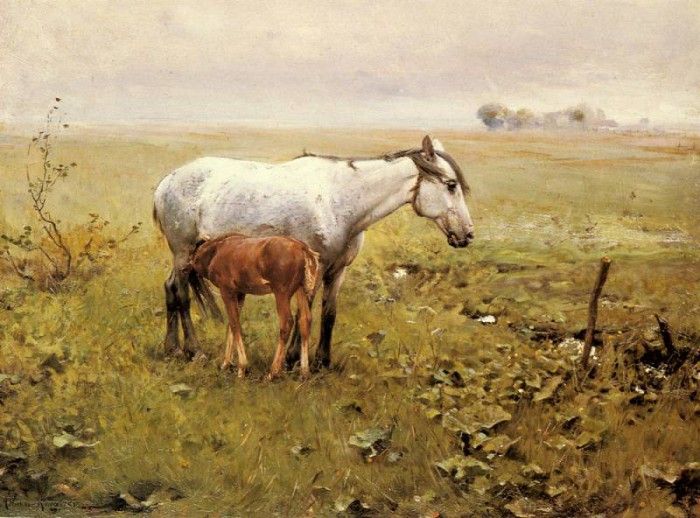 Wierusz Kowalski Alfred Von A Mare And Her Foal In A Landscape. Wierusz-,  