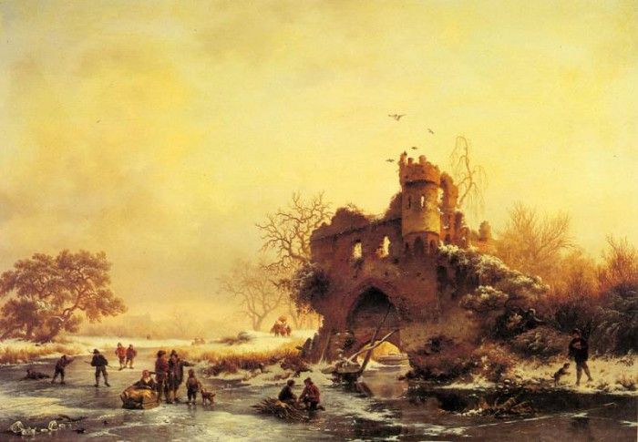 Kruseman Frederik Marianus Winter Landscape With Skaters On A Frozen River Beside Castle Ruins. Kruseman,  