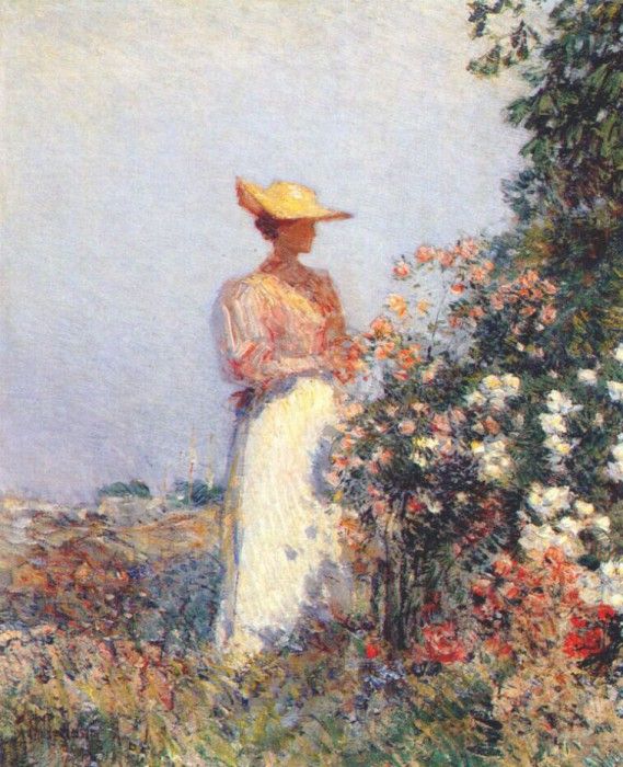 hassam lady in flower garden c1891. , 