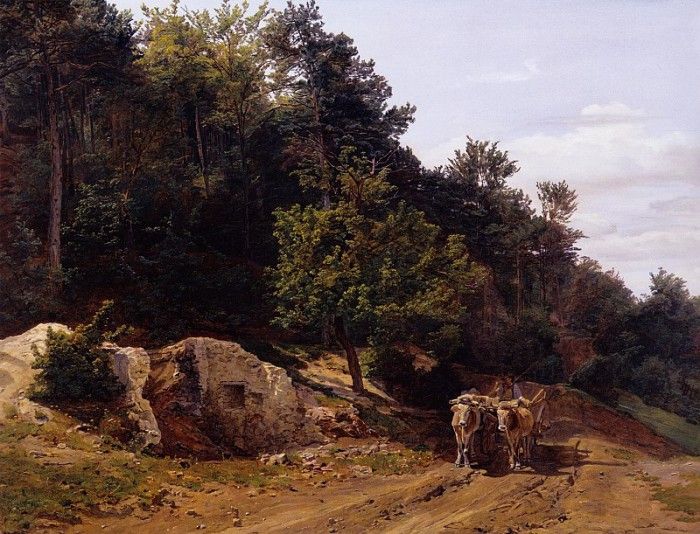  , Waldweg mit Ochsengespann 1858.   