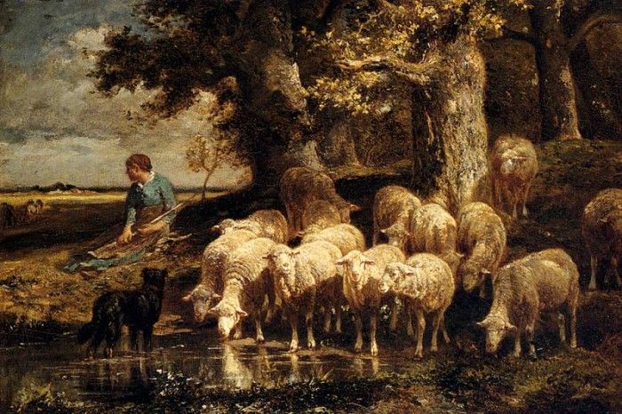 Jacque Charles Emile A Shepherdess With Her Flock. ,  