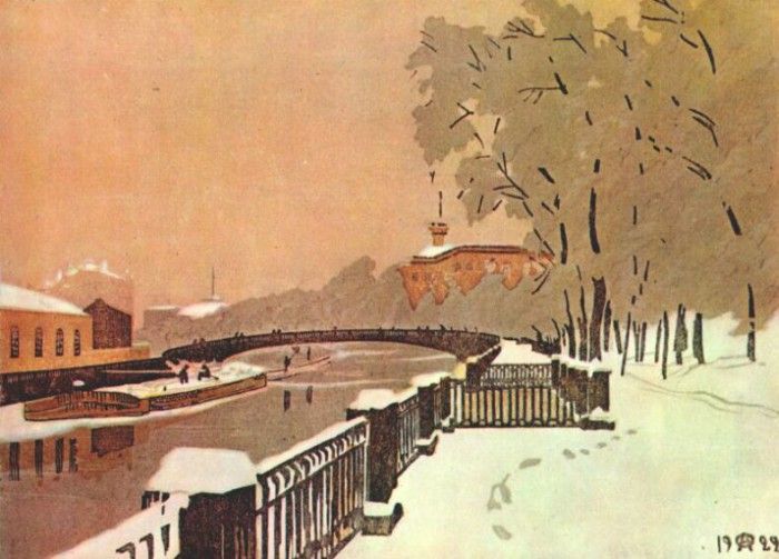 ostroumova-lebedeva the fontanka and summer gardens in hoarfrost 1929. -
