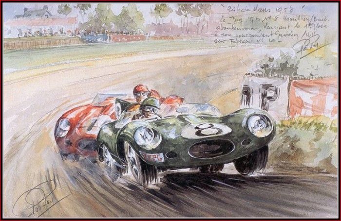 c 1958 the ferrari 250 tr overtakes the jaguar nr 8.  