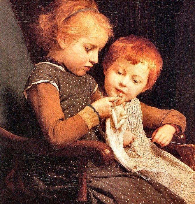 Albert Anker - The Little Knitters, De. , 