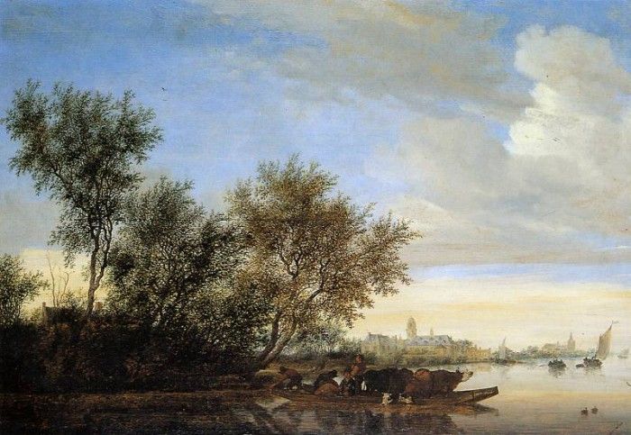 Goyen van Jan River landscape with ferry Sun. ,  