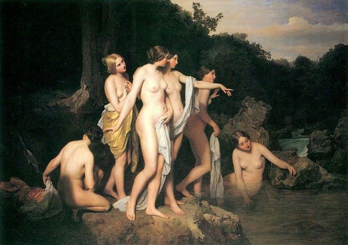 Badende Frauen am Waldbach.   