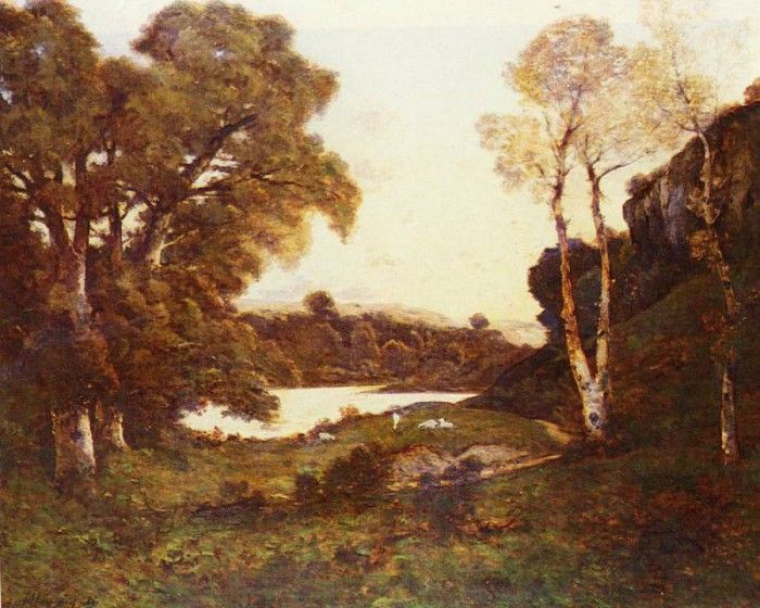 Harpignies Henri Joseph (French) 1819 to 1916 Goats Grazing Beside A Lake At Sunset SnD 1899 O-c . Harpignies, -