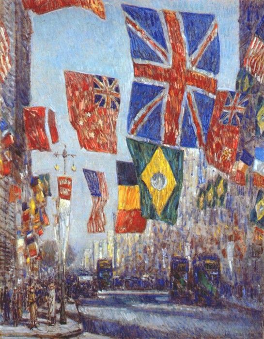 hassam avenue of the allies (flags of uk and dominions, brazil and belgium behind) 1918. , 