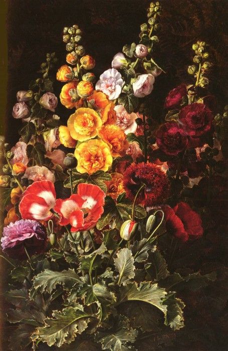 Jensen Johan Laurentz (Danish) 1800 to 1856 A Still Life Of Hollyhocks And Poppies O C 83.8 by 57. ,  Laurentz