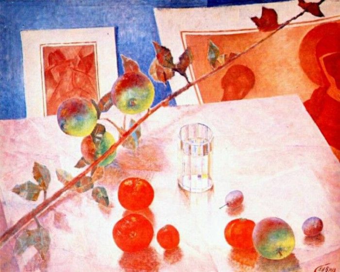 petrov-vodkin still-life, twig of apple tree 1918. -, 