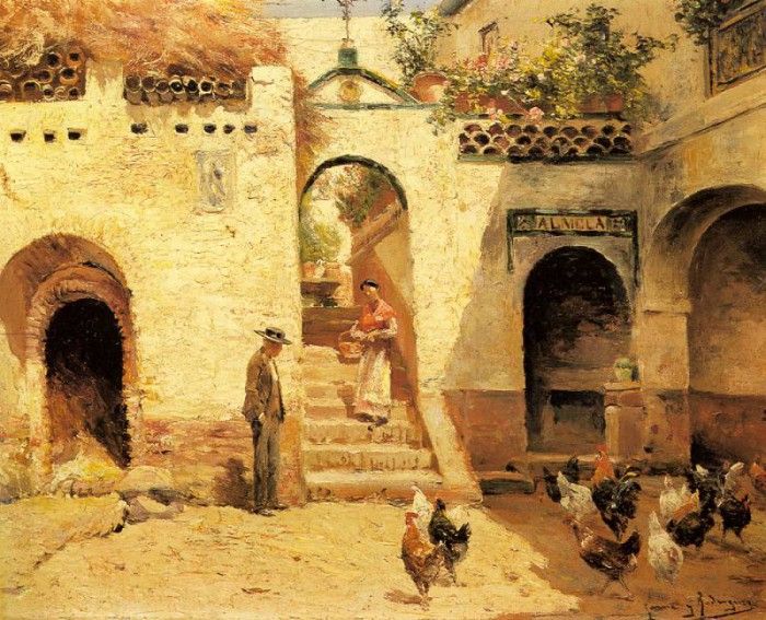 Garcia Y Rodriguez Manuel Feeding Poultry In A Courtyard.    Y