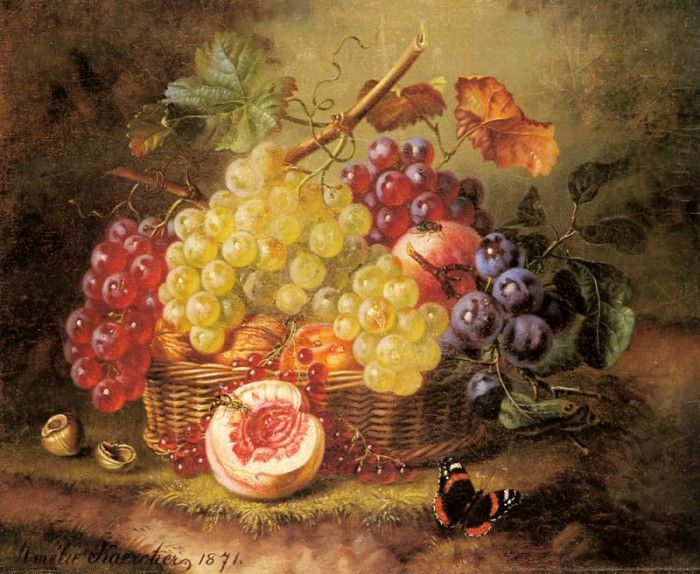 Kaercher Amalie A Still Life With Grapes Peaches And A Butterfly On A Mossy Bank. Kaercher, 