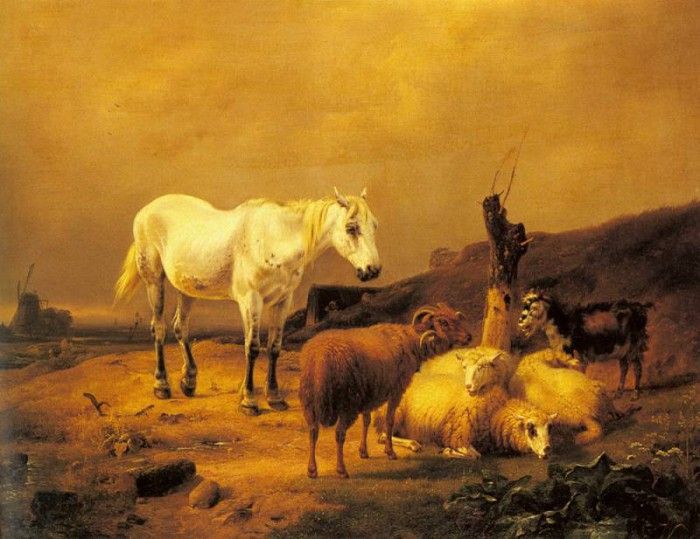Verboeckhoven Eugene A Horse Sheep And Goat In A Landscape. Verboeckhoven,  