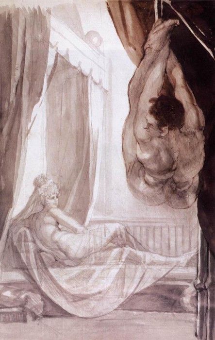 FUSELI John Henry Brunhilde Observing Gunther Whom She Has Tied To The Ceiling. , 