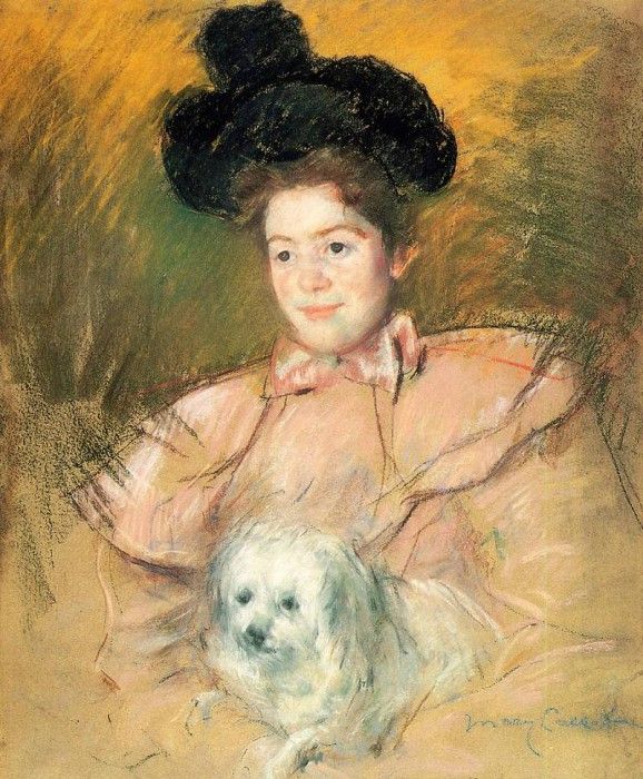 Cassatt Mary Woman in Raspberry Costume Holding a Dog.  