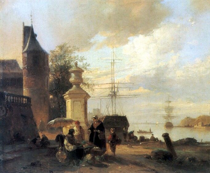 Figures At A Market Stall By A Harbour. Ruyten,  