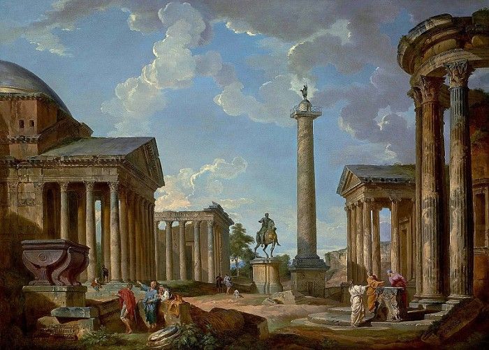 A capriccio of Roman ruins with the Pantheon, the Temple of Antonino and Faustina, the statue of Marco Aurelio, the Trajan Column, the Temple of Fortuna Virilis, the Temple of Vesta in Tivoli and fi. ,  