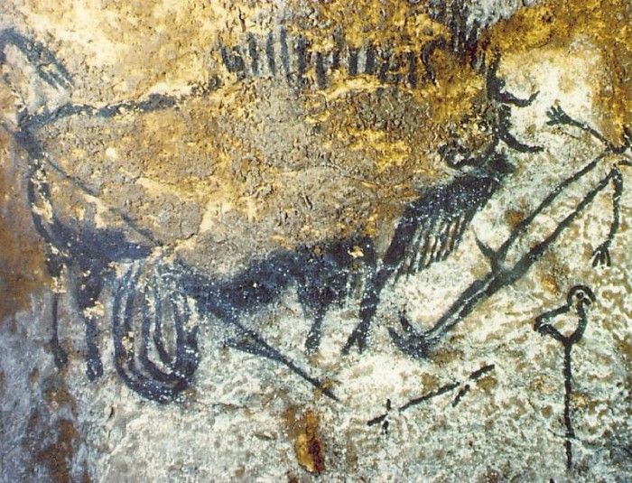 CAVE PAINTING - WOUNDED BISON ATTACKING A MAN, C 15,000-10,00.  