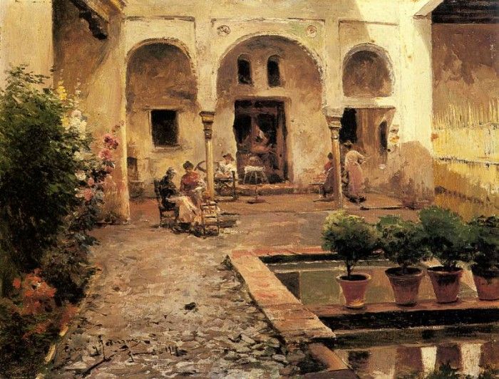 Garcia Y Rodriguez Manuel Figures In A Spanish Courtyard.    Y