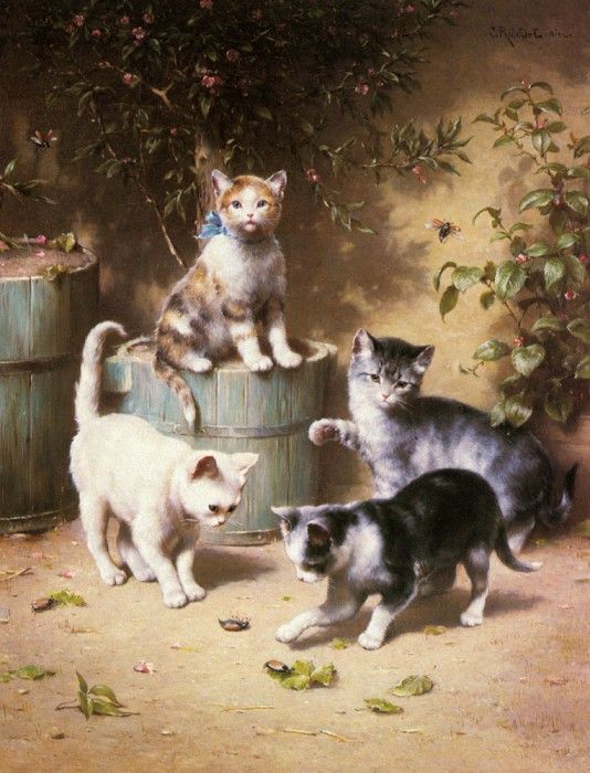 Reickert Carl Kittens Playing With Beetles. Reichert, 