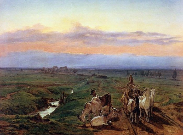 Abendlandschaft mit Ziegenherde,     . (1847).   