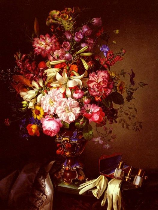 Brunner Leopold Still Life With A Vase Of Flower And Opera Glasses. , . 