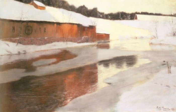 Thaulow Fritz A factory Building Near An Icy River In Winter. Thaulow 