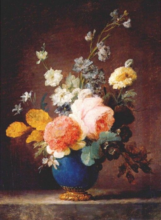 vallayer-coster roses ramunculus etc in blue vase c1775-80. Vallayer-