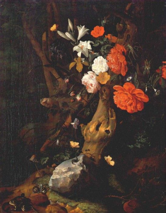 ruysch flowers on a tree trunk. , 
