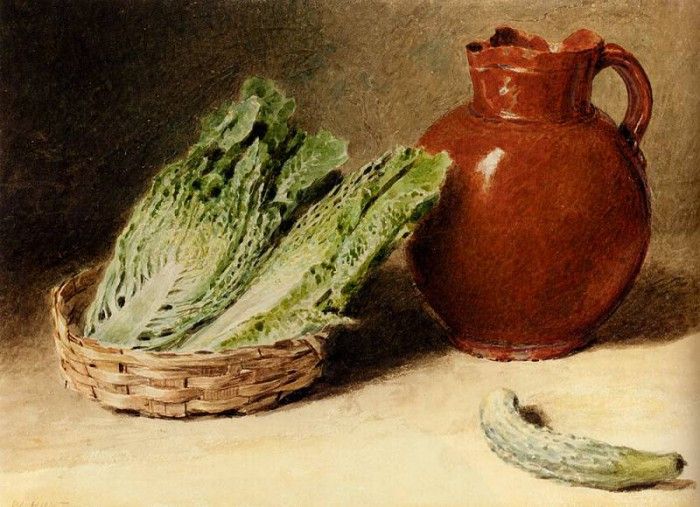 Hunt William Henry Still Life With A Jug A Cabbage In A Basket And A Gherkin. ,  