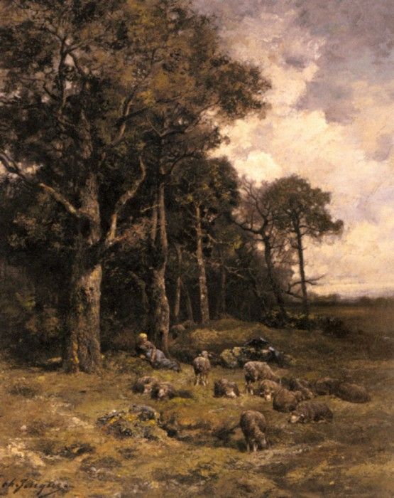 Jacque Charles Emile Shepherdess Resting With Her Flock. ,  