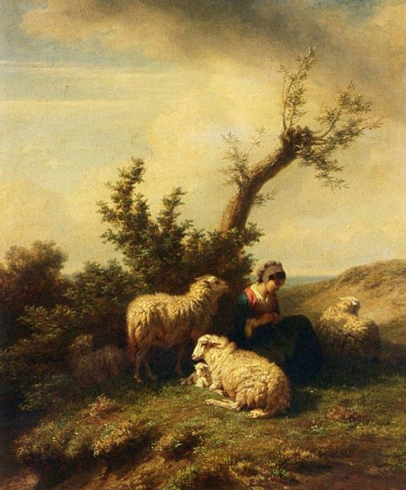 Tschaggeny Edmond Jean Baptiste A Shepherdess And Her Flock. Tschaggeny,   