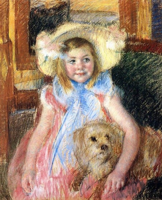 Cassatt Mary Sara in a Large Flowered Hat Looking Right Holding Her Dog.  