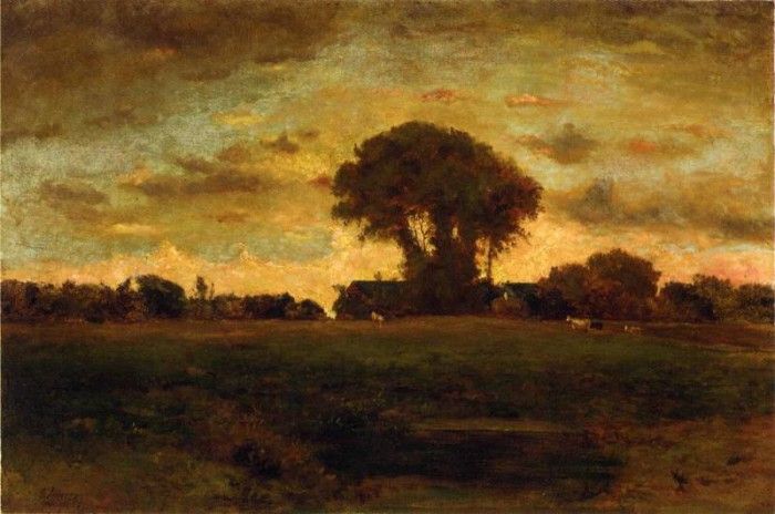 Inness George Sunset on a Meadow. , 