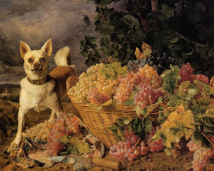 A Dog by a Basket of Grapes in a Landscape 1836.   