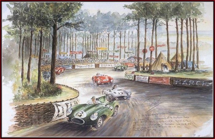 c 1955 the jaguar d in the famous s curve at tetre rouge.  