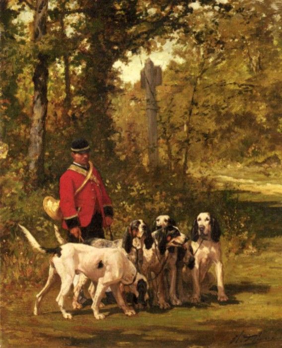 De Penne Charles Olivier A Huntmaster With His Dogs On A Forest Trail. ,   