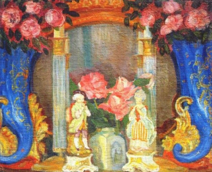 sudeikin still life with porcelain figurines and roses 1909. 