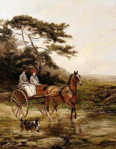 TWO LADIES CROSSING A WOODLAND STREAM IN A GIG. , 