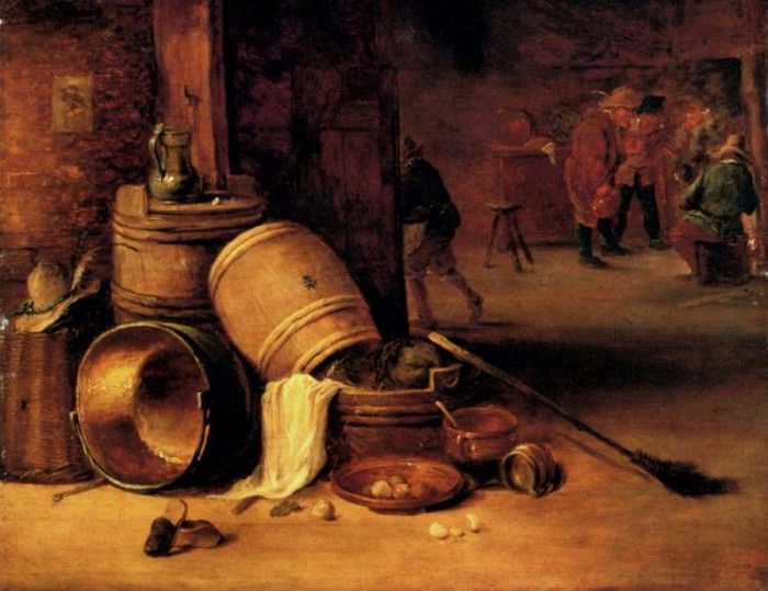 Teniers David An Interior Scene With Pots Barrels Baskets Onions And Cabbages. ,  