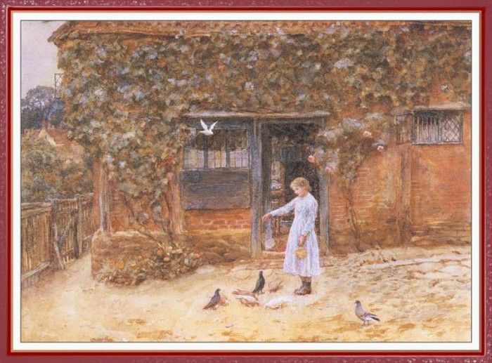 AllinghamHelen GirlWithDovesOutsideACottage-We (f033).  
