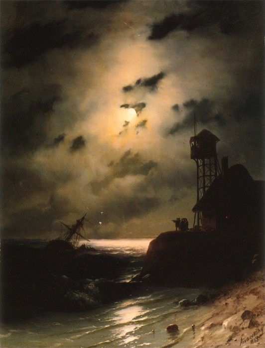 Moonlit Seascape With Shipwreck.   