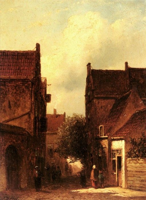 Vertin Petrus Garardus Street Scene With Figures Possibly Rotterdam. , Petrus 