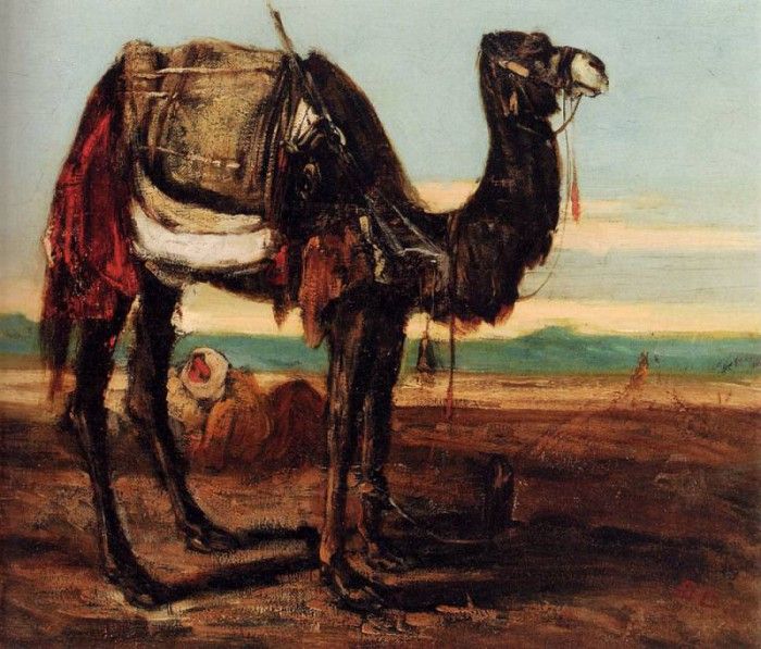 Decamps Alexandre Gabriel A Bedouin And A Camel Resting In A Desert Landscape. Decamps, , 