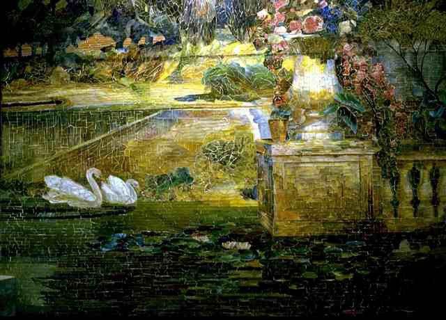 Tiffany Mosaic Fountain. Detail of swans. ,  